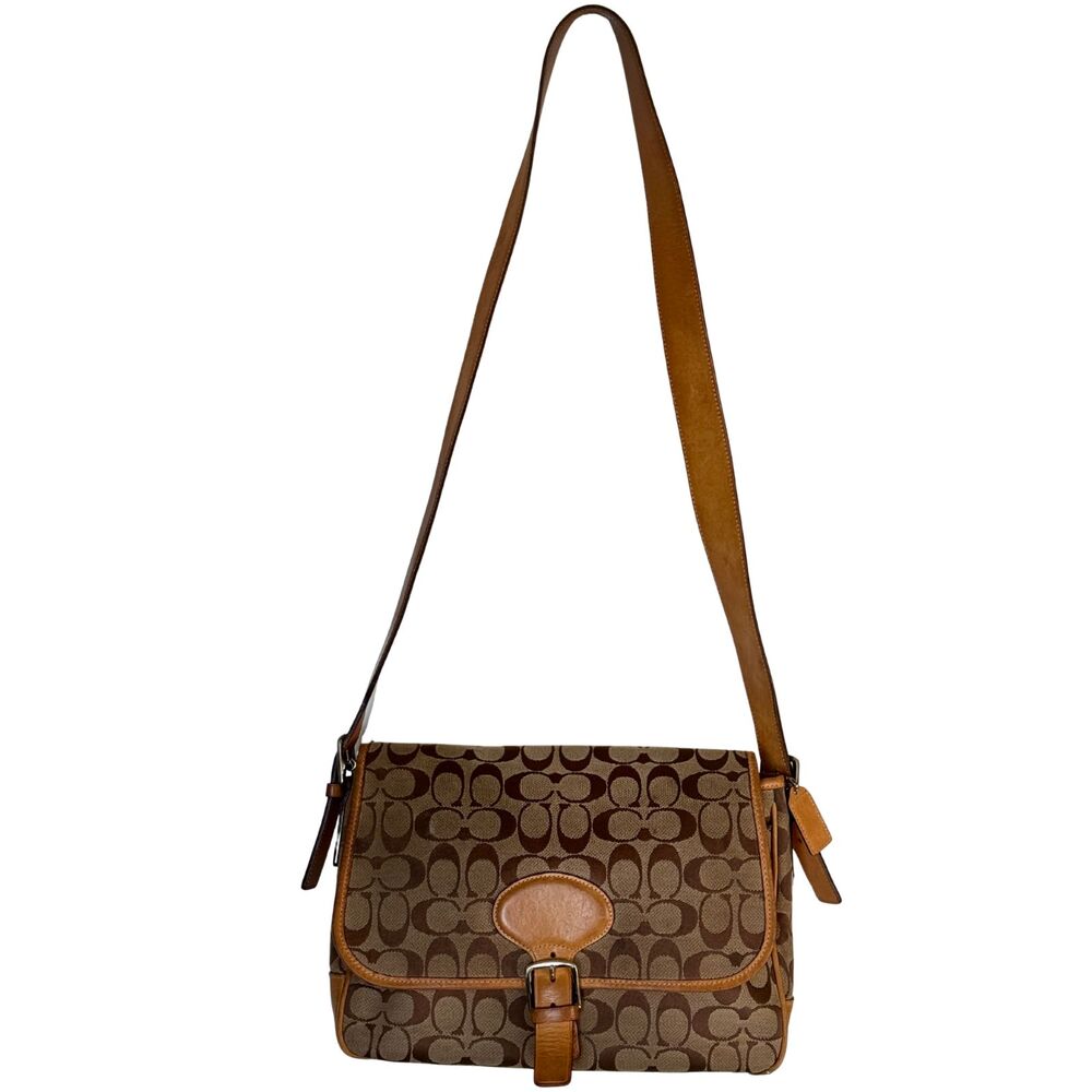 Coach Signature Buckle Flap Messenger Bag – Tan Leather Trim
